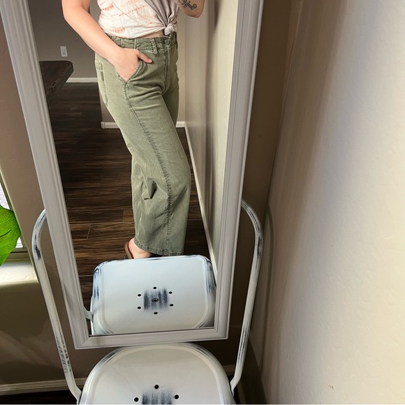 PAIGE Green Sage Wide Leg Pants 26 acid wash slant pockets Army Green Ankle Crop - Picture 13 of 16